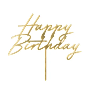 Topper akrylowy na tort Happy Birthday, 18x16.5 cm, złoty