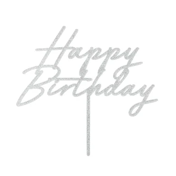 Topper akrylowy na tort Happy Birthday,  srebrny brokatowy